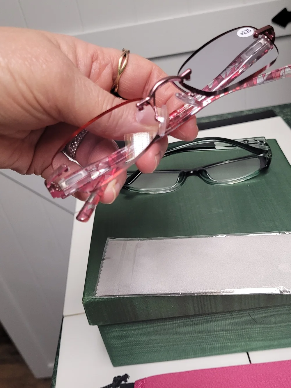 Pink Frame Reading Glasses with Matching Pink Sleeve & Green Glasses